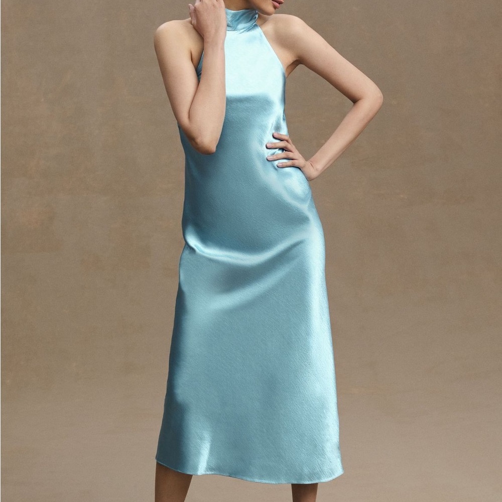 Sachin & Babi Sadie Halter Tie-Neck hammered Satin gown